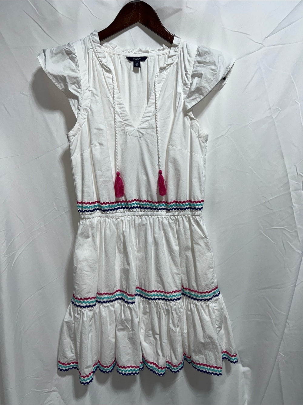 Hatley White Cotton Mini Dress with Pink Tassels and Multicolor Trim